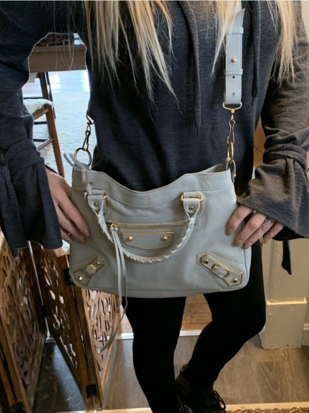 Balenciaga Gray Satchel with Gold Accents